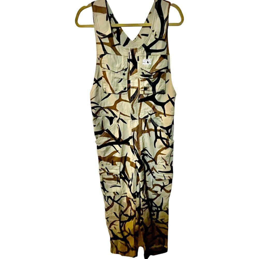 X-GIRL Overalls Camo Cargo Jumpsuit Painterly Utility Khaki Streetwear Y2K Small